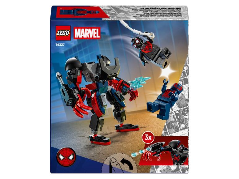 Lego set 76337 met een rood-zwarte robot en Spider-Man figuren.