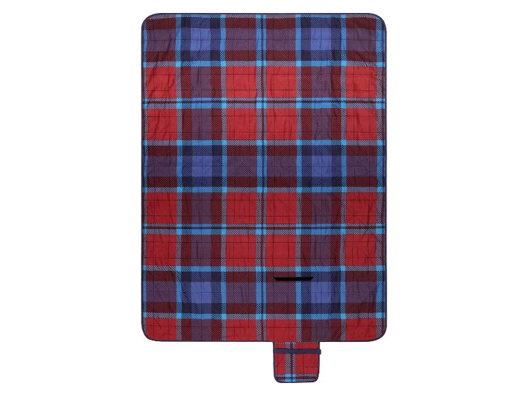Rood en blauw geruite picknickdeken met een klein bevestigd zakje