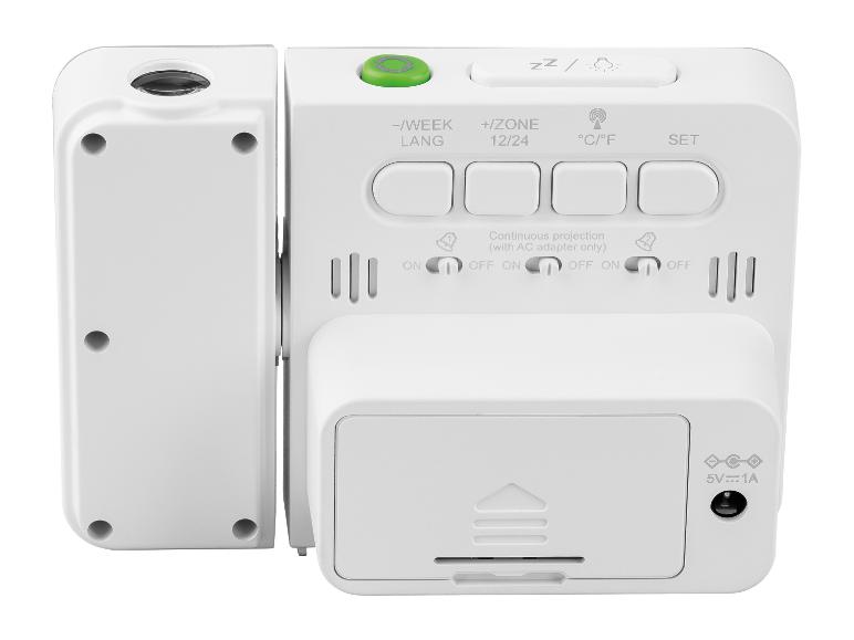 Witte digitale wekker met projector en knoppen aan de achterkant.