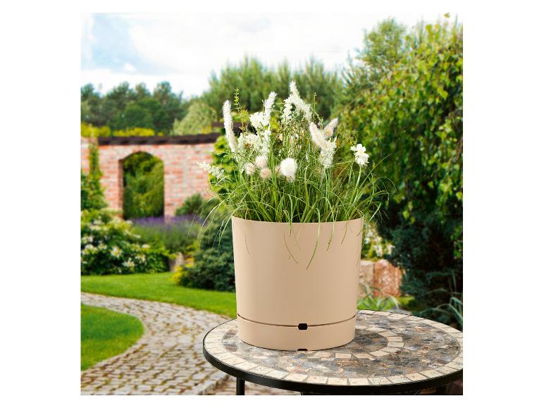 Beige plantenpot met witte planten op een mozaïektafel in een tuin.