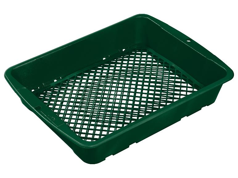 Donkergroene plastic bak met zeef.