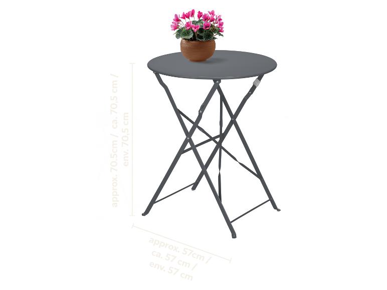 Grijze ronde klaptafel met een pot roze bloemen, ca. 70,5 cm hoog en 57 cm breed.