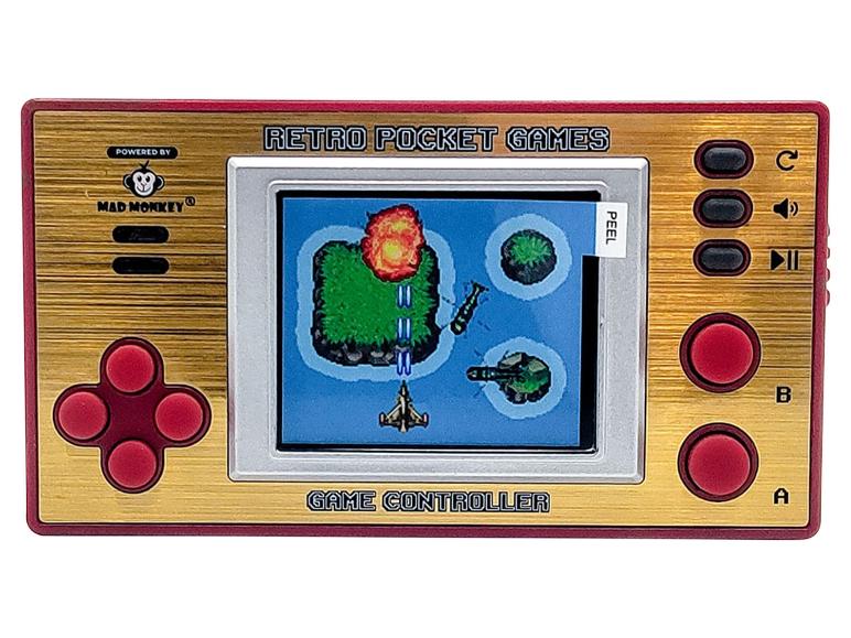Mad Monkey retro zakspel met een vliegtuig dat op een tank schiet.