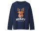 Donkerblauw shirt met lange mouwen met een rendierhoofd en de tekst „MERRY CHRISTMAS”.