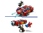 Bouwspeelgoed met een rode superheldenauto en twee minifiguren.