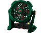 Groen-rode werkplaatsventilator met een zwarte basis en rode details.