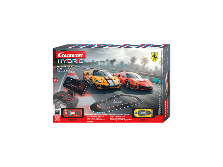Carrera Hybrid Speedcore Challenge racebaan met twee op afstand bestuurbare Ferrari-auto's.