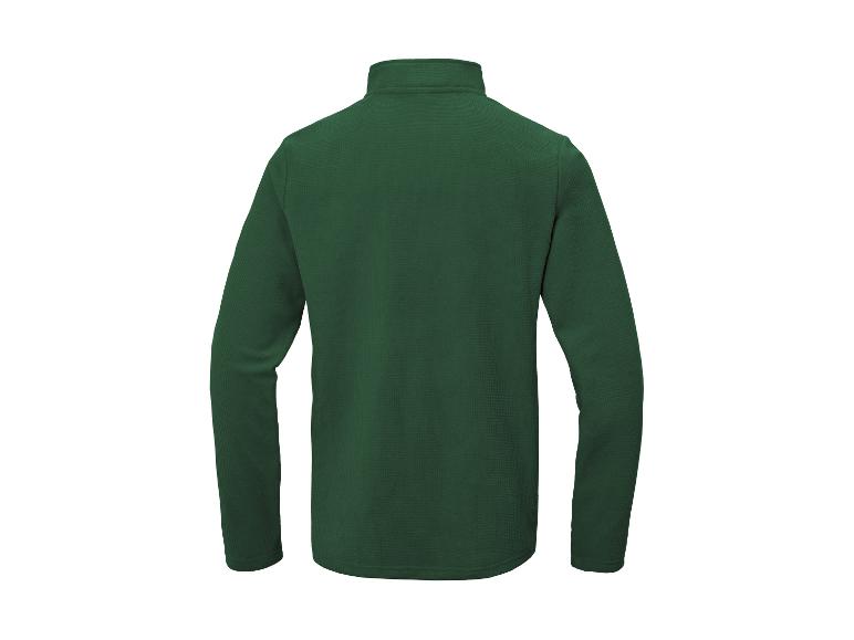 Donkergroene fleece top met lange mouwen en hoge kraag, achteraanzicht.