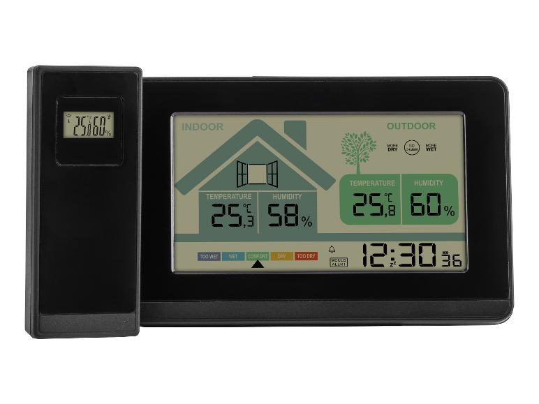 Digitale thermo-hygrometer met display voor binnen- en buitentemperatuur, luchtvochtigheid en tijd.