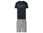 Herenpyjama met donkerblauw T-shirt met 'ATHLETIC' opdruk en grijze shorts.