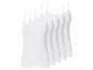 Vijf witte camisole tops met dunne bandjes, diagonaal gestapeld.