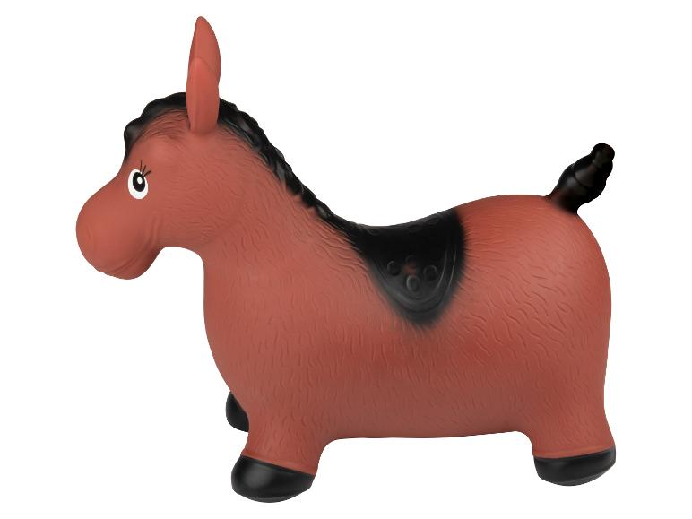 Een opblaasbaar bruin paard voor kinderen.