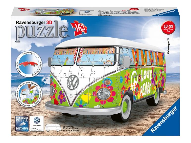 Ravensburger 3D puzzel van een Volkswagen T1 bus in hippiestijl.