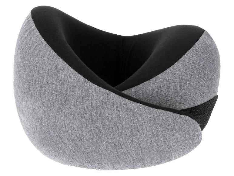 Grijs en zwart reiskussen met ergonomische vorm voor nekondersteuning