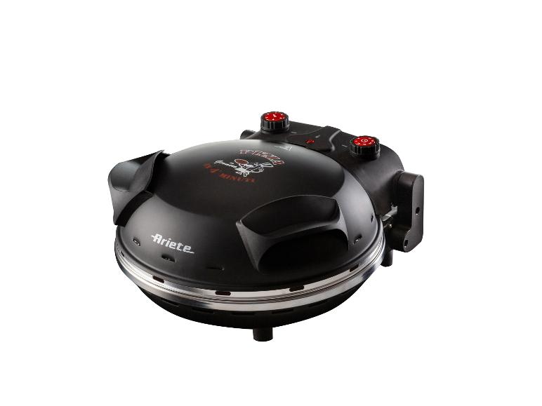 Zwarte pizzaoven met rode draaiknoppen en tekst