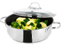 Pan met glazen deksel, gevuld met aardappelen en broccoli.