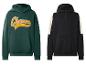 Twee hoodies: een donkergroene met 'Champs' en een zwarte met crème mouwen en rits.