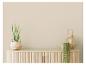 Houten kast met sansevieria in een gevlochten mand en een bamboe lantaarn.