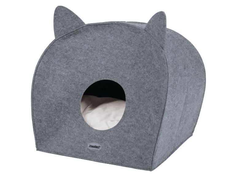 Zooafari kattenhuisje van grijze vilt, in de vorm van een kat.