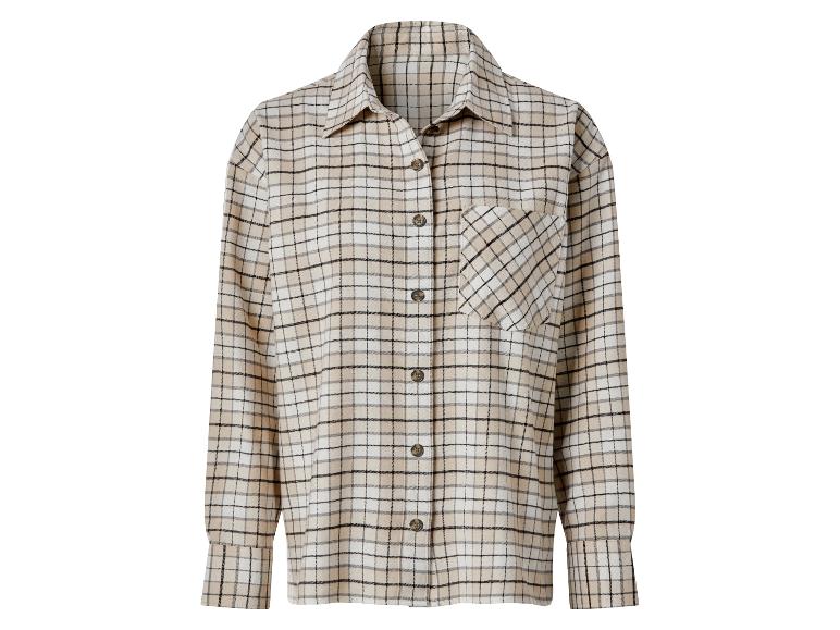 Geruit overhemd in beige, zwart en wit, met een borstzak en knopen.