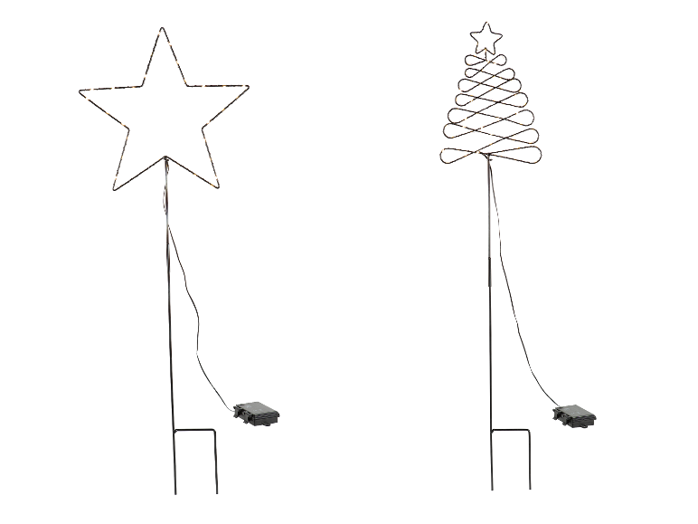 Twee op zonne-energie werkende LED-tuinstekers: één stervormig en één kerstboomvormig.