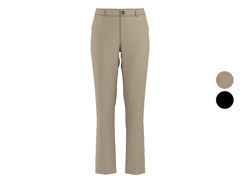Beige broek met bruine knoop, verkrijgbaar in beige en zwart.