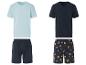 Pyjama's: lichtblauw en donker t-shirt met zak, bijpassende shorts, één met citrusprint.