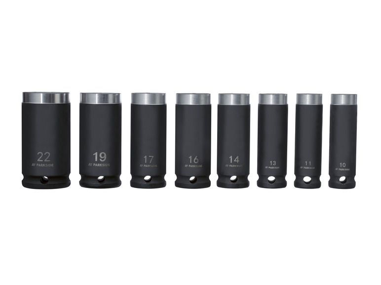 Een set van acht Parkside steeksleutels, maten 22, 19, 17, 16, 14, 13, 11 en 10.