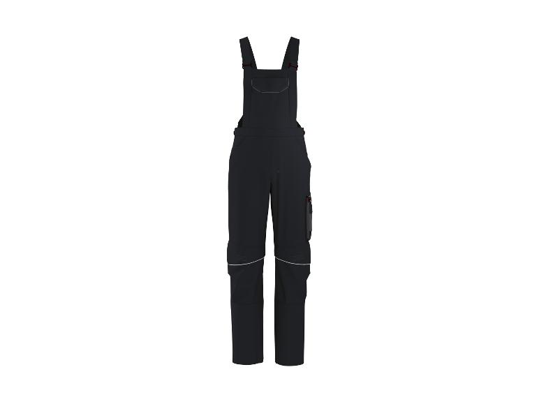 Zwarte werkbroek met bretels en reflecterende details.