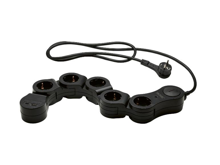 Zwarte Tronic verlengsnoer met 6 stopcontacten en 1 USB-poort.