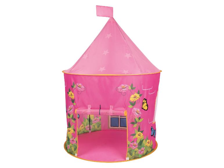 Roze kinderspeeltent in kasteelvorm met bloemen- en vlinderpatronen.