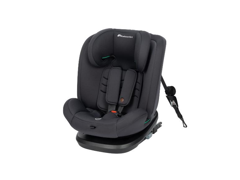 Donkergrijze kinderautostoel met een vijfpuntsgordel.