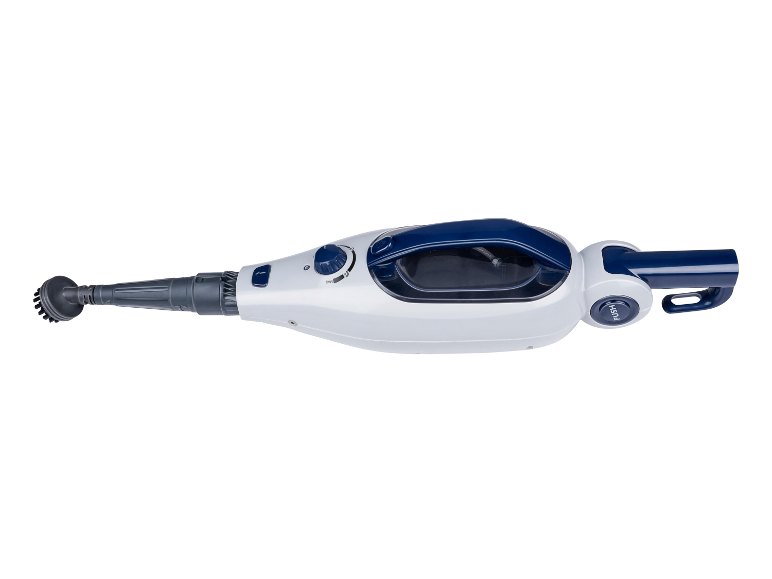 Een elektrische stoomreiniger in blauw en wit.