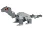 Grijze LEGO dinosaurus met rode ogen op een witte achtergrond.