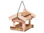 Houten vogelvoederhuisje met puntdak en ophangkoord.