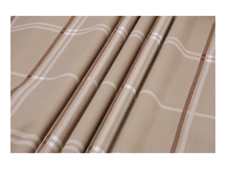 Geruite stof in beige, bruin en wit.