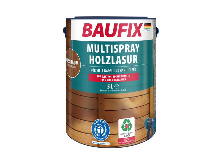 Baufix Multispray Houtlasuur voor naaldbomen en hardhout in de kleur Nussbaum.
