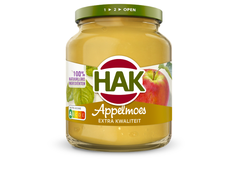 Een pot appelmoes met een groene deksel en een Nutri-Score A-label.