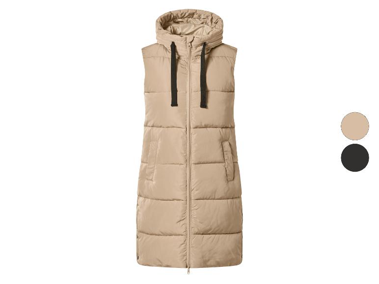 Lange gewatteerde bodywarmer met capuchon in beige, met zwarte trekkoorden en zakken.