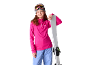 Meisje in roze skibovenstuk, blauwe skibroek en skibril, met een ski.