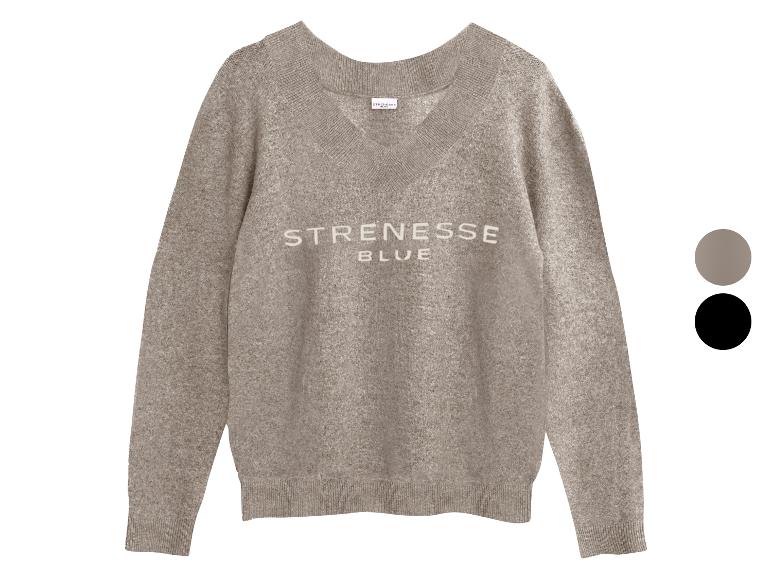 Beige V-hals trui met geborduurd „STRENESSE BLUE“ logo op de borst.