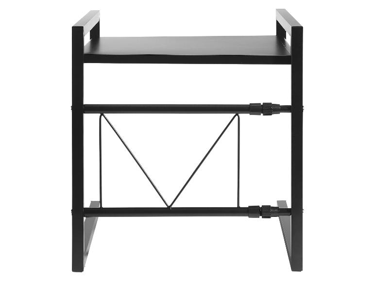 Zwarte, metalen tweelaagse schappenrek.