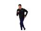 Man in zwart sportshirt met lange mouwen en blauwe hardlooplegging.