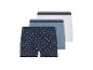Drie boxershorts: één met ankerprint, één lichtblauw, één wit.