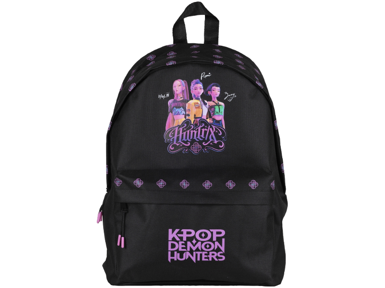 Zwarte rugzak met K-Pop Demon Hunters-motieven and drie anime-personages.