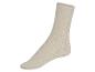 Een beige sok met ribbelstructuur.