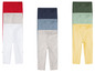 Zes paar leggings in verschillende kleuren, waaronder grijs, wit, rood, blauw, groen en geel.
