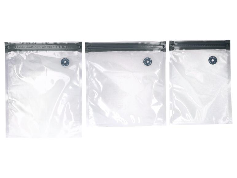 Drie transparante vacuümzakken met ritssluiting en luchtventiel.