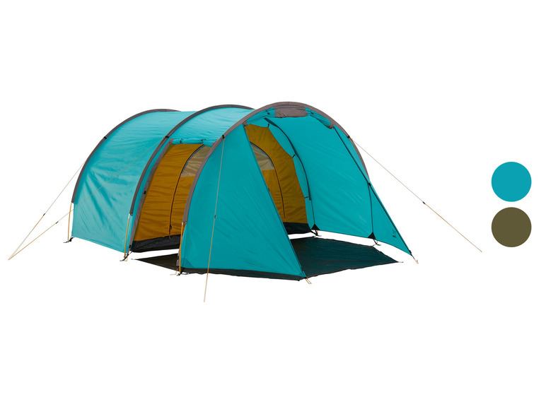 Een blauwe campingtent met gele accenten.