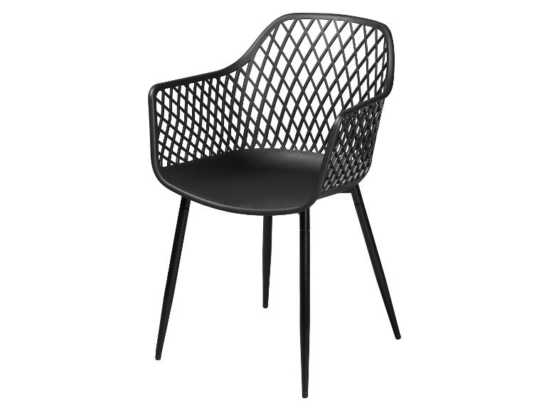 Zwarte moderne eetkamerstoel met een ruitpatroon rugleuning en armleuningen